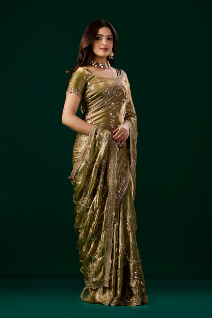 Kanyaari premium silk Mehndi saree with rose gold cutdana embroidery, showcasing intricate detailing and elegant drape.