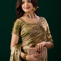 Premium Silk Mehndi Saree with Rose Gold Cutdana Work (Nakhrali)