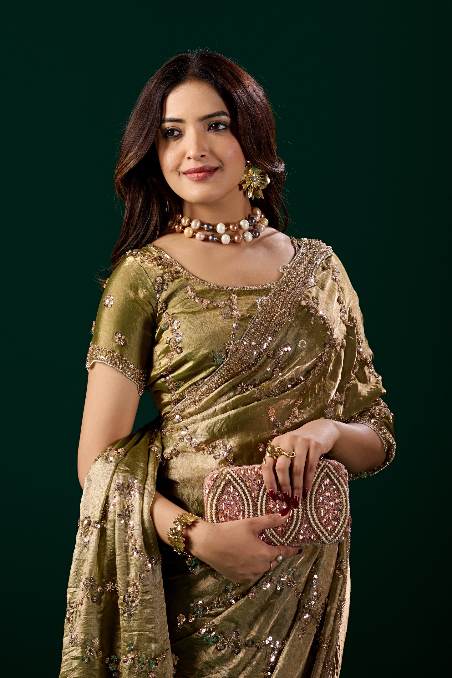 Premium Silk Mehndi Saree with Rose Gold Cutdana Work (Nakhrali)