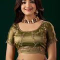 Premium Silk Mehndi Saree with Rose Gold Cutdana Work (Nakhrali)