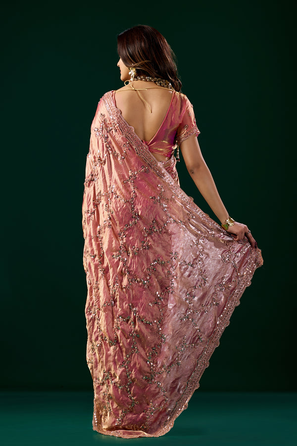 Kanyaari premium pink silk saree with rose gold cutdana work, intricate embroidery, and traditional drape for elegant occasions