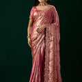Premium Silk Pink Saree with Rose Gold Cutdana Work (Nakhrali)