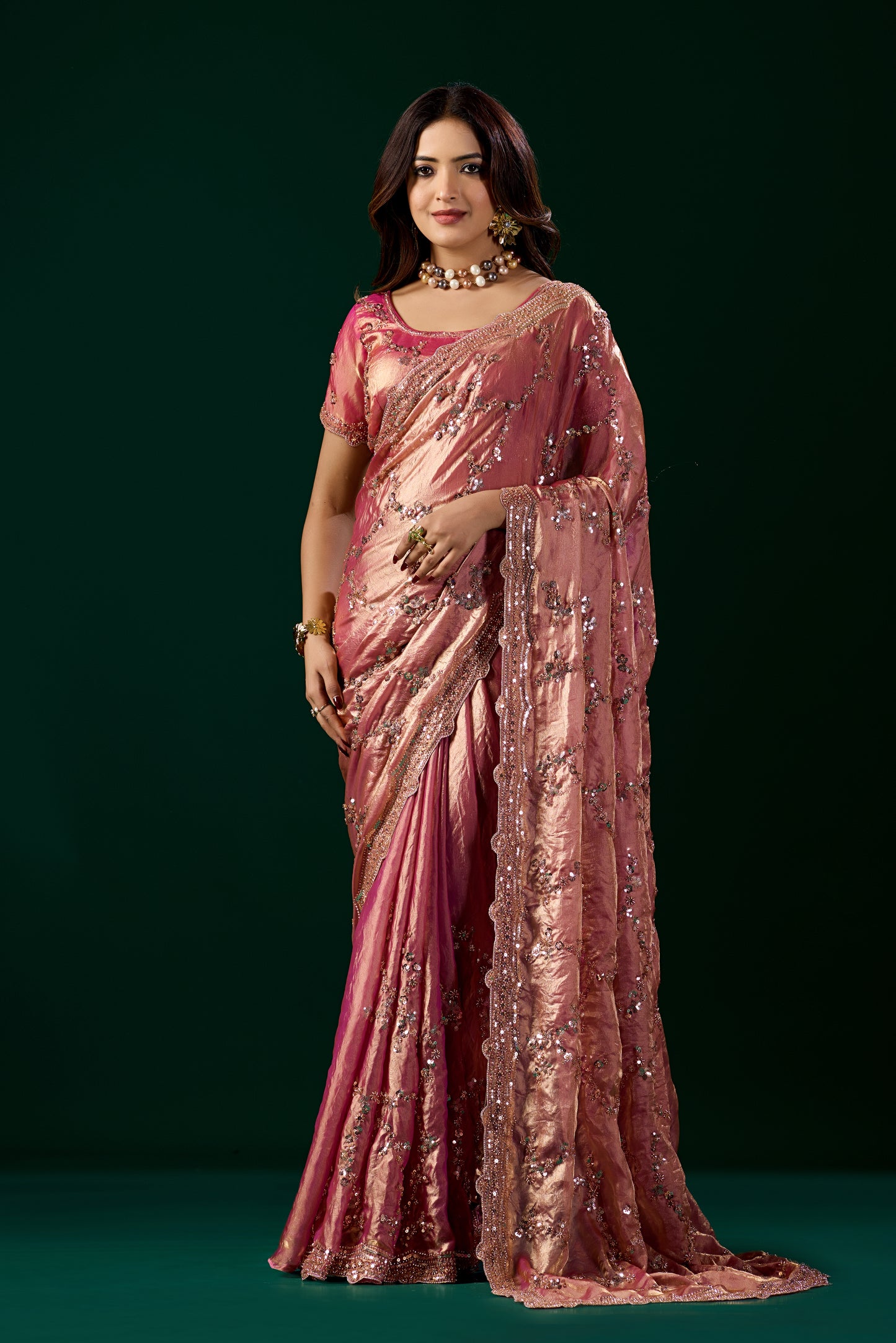 Premium Silk Pink Saree with Rose Gold Cutdana Work (Nakhrali)
