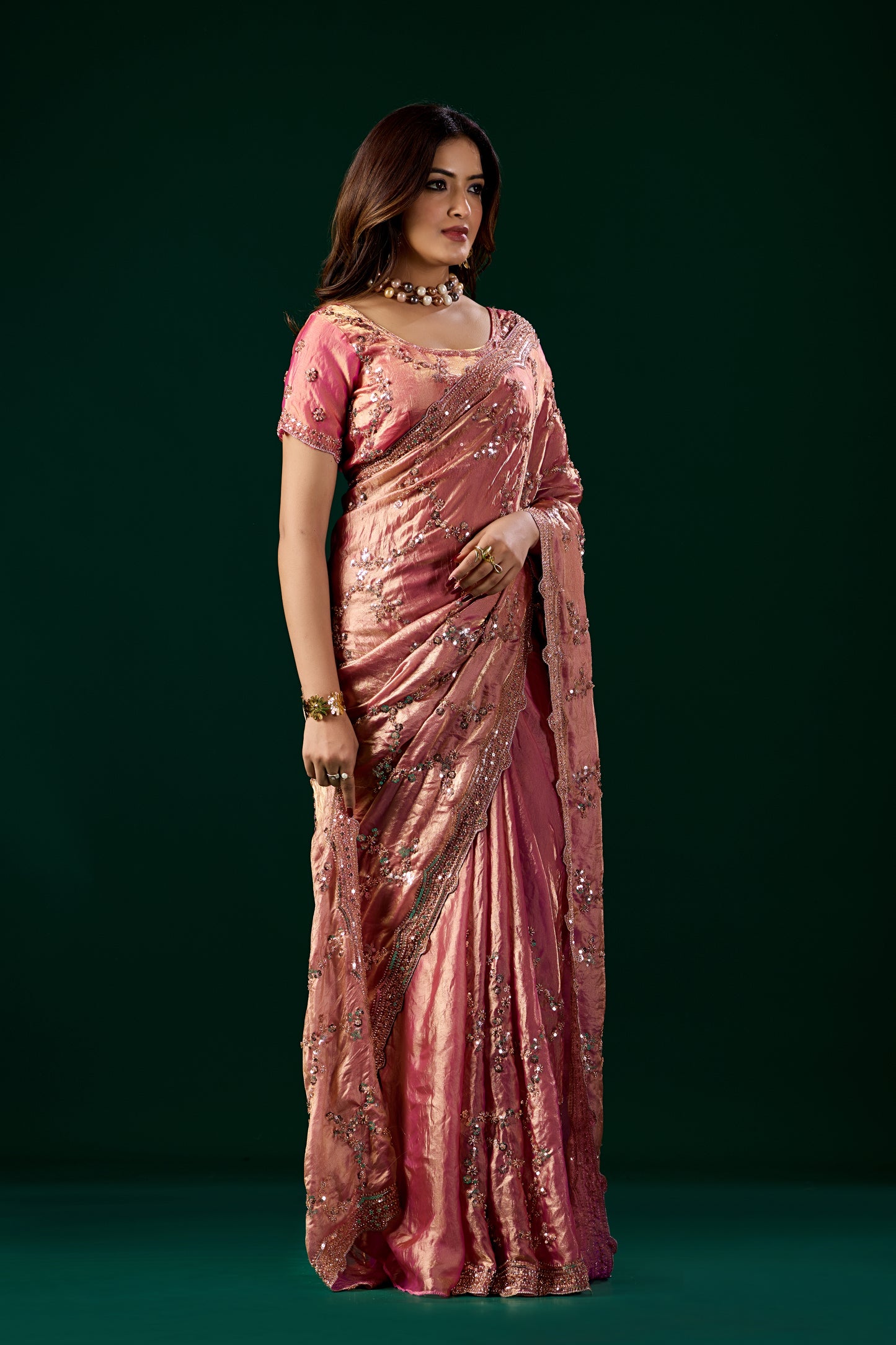Premium Silk Pink Saree with Rose Gold Cutdana Work (Nakhrali)