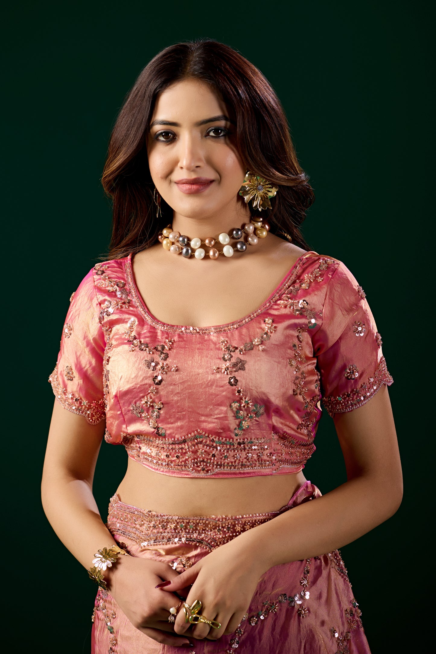 Premium Silk Pink Saree with Rose Gold Cutdana Work (Nakhrali)