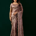 Premium Silk BROWN Saree with Rose Gold Cutdana Work (Nakhrali)