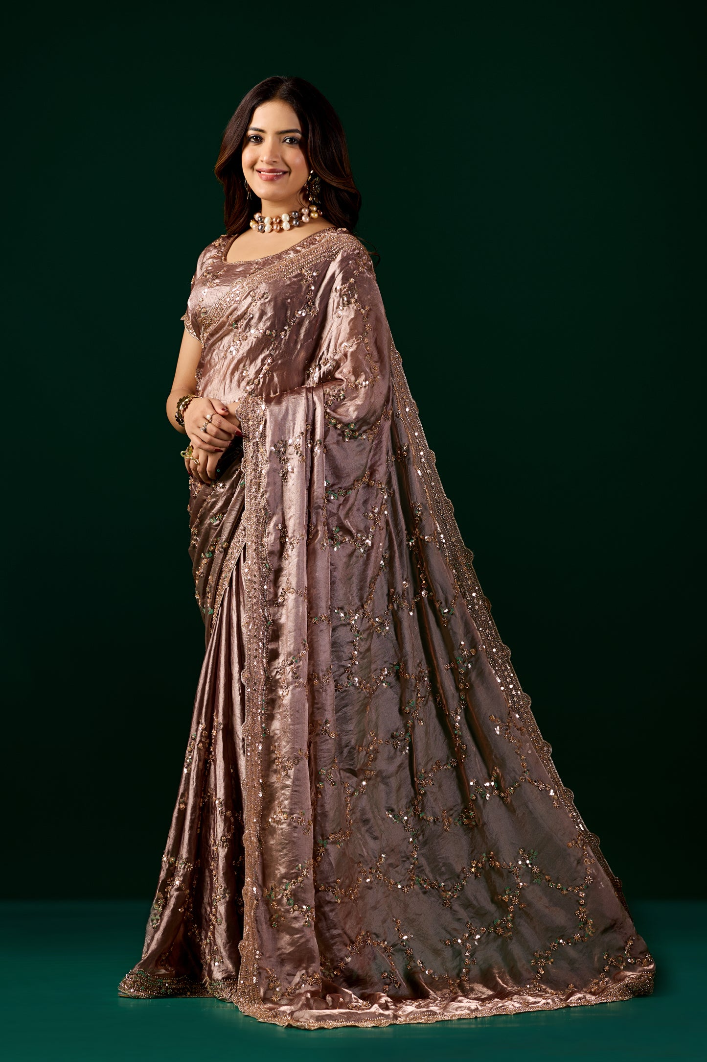 Premium Silk BROWN Saree with Rose Gold Cutdana Work (Nakhrali)