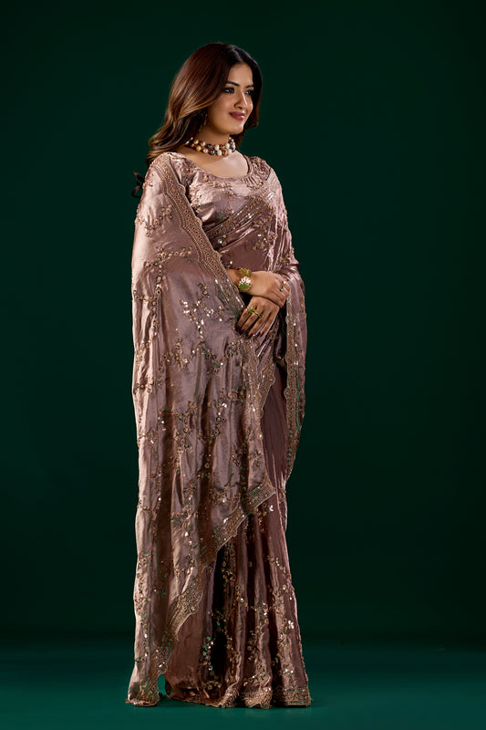 Premium Silk BROWN Saree with Rose Gold Cutdana Work (Nakhrali)