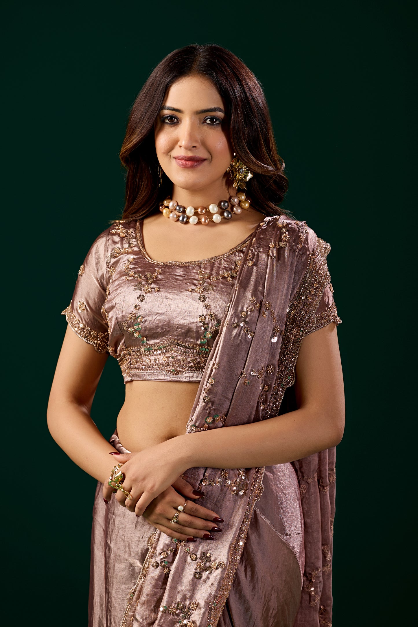 Premium Silk BROWN Saree with Rose Gold Cutdana Work (Nakhrali)