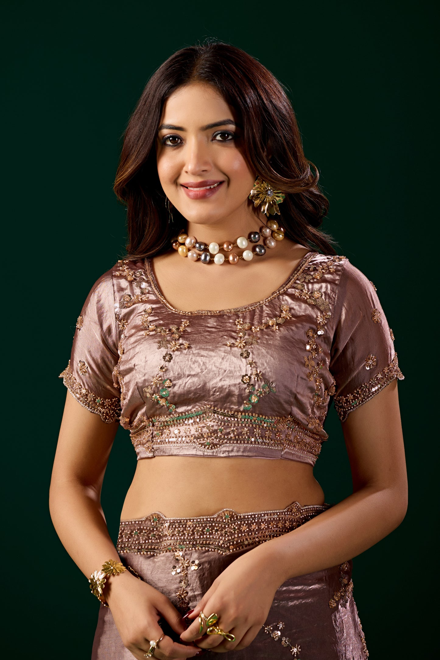 Premium Silk BROWN Saree with Rose Gold Cutdana Work (Nakhrali)