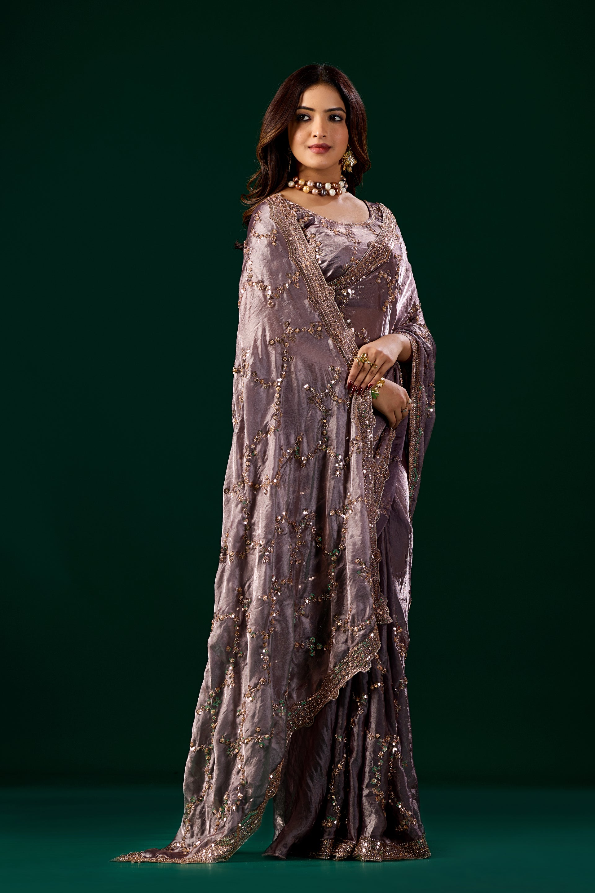 Kanyaari premium purple lavender silk saree with rose gold cutdana work, elegant traditional Indian attire.