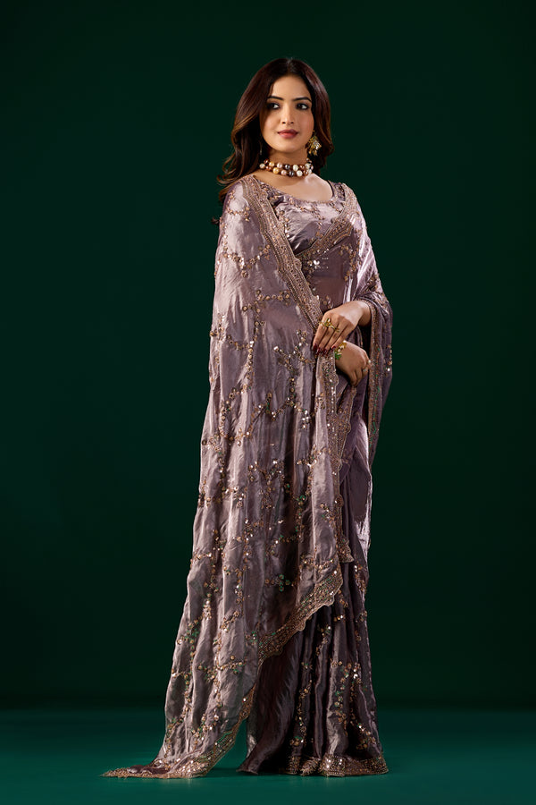 Kanyaari premium purple lavender silk saree with rose gold cutdana work, elegant traditional Indian attire.