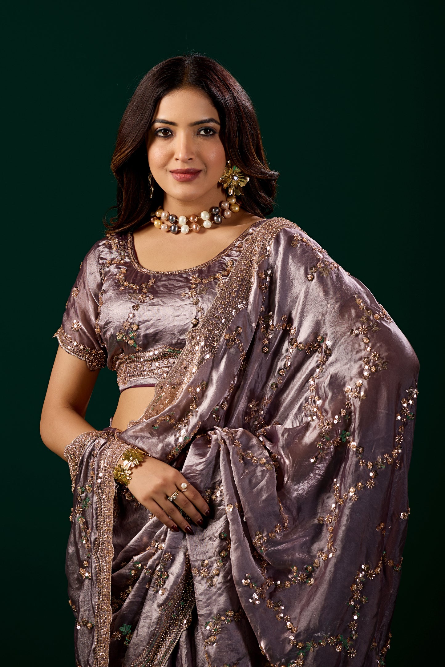 Premium Silk PURPLE LAVENDER Saree with Rose Gold Cutdana Work (Nakhrali)