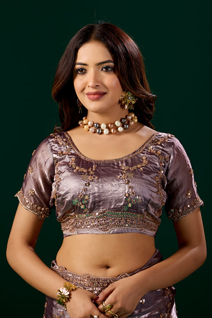 Kanyaari premium silk purple lavender saree with rose gold cutdana embroidery and intricate work, elegant traditional attire.