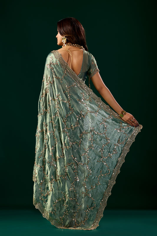 Premium Silk BOTTLE GREEN Saree with Rose Gold Cutdana Work (Nakhrali)