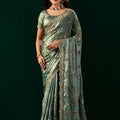 Premium Silk BOTTLE GREEN Saree with Rose Gold Cutdana Work (Nakhrali)
