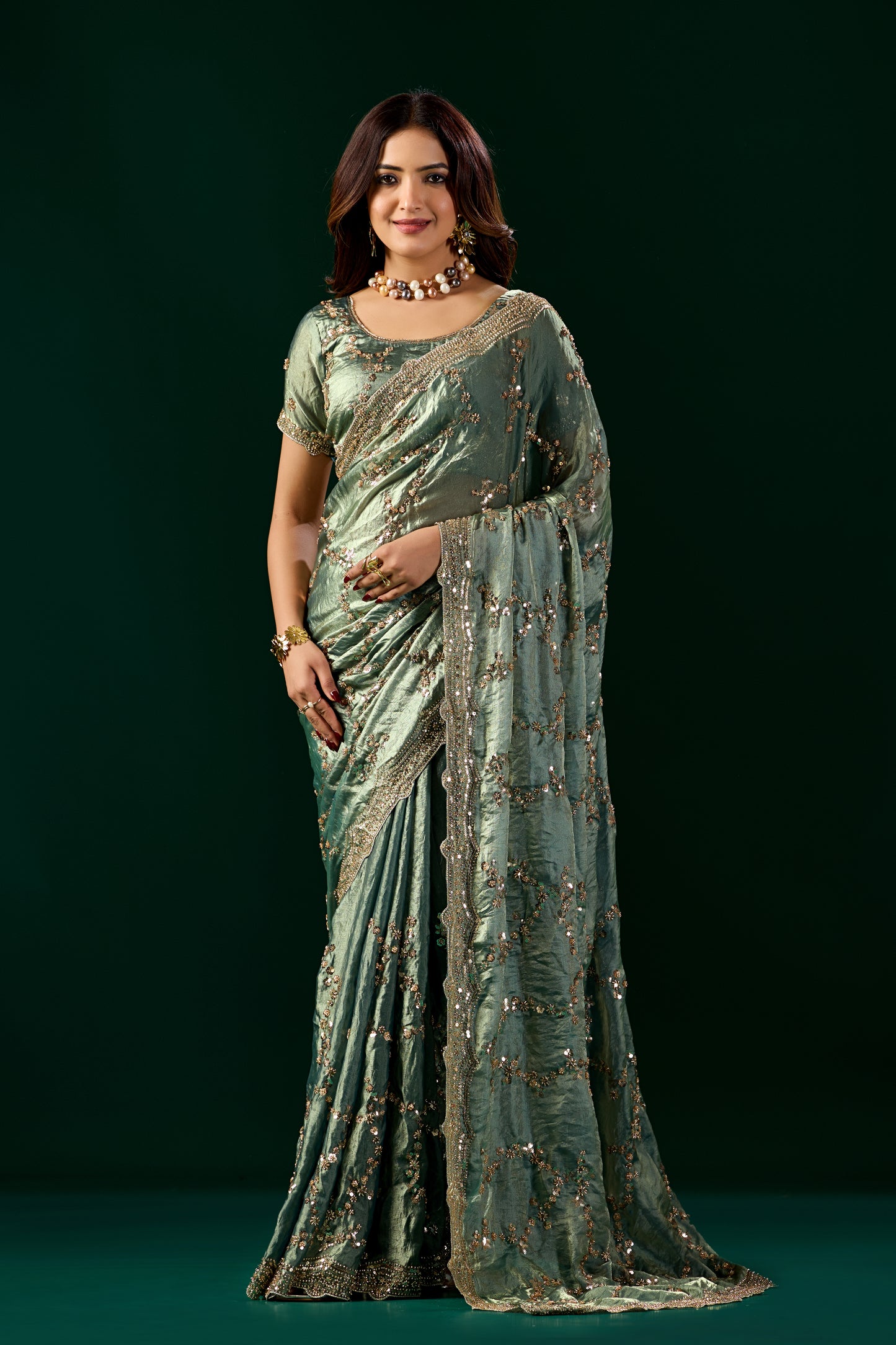 Premium Silk BOTTLE GREEN Saree with Rose Gold Cutdana Work (Nakhrali)
