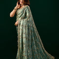 Premium Silk BOTTLE GREEN Saree with Rose Gold Cutdana Work (Nakhrali)