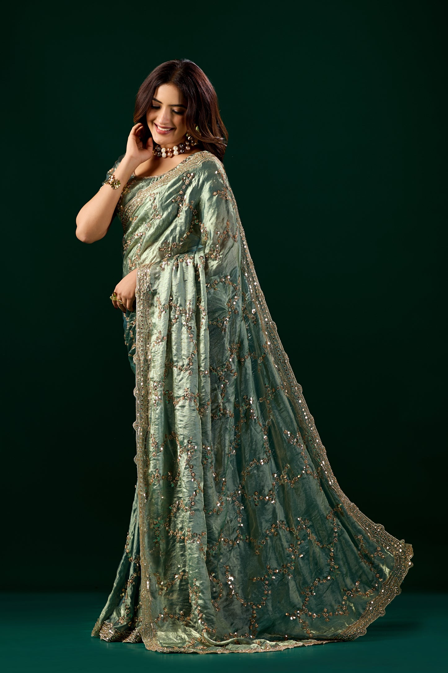 Premium Silk BOTTLE GREEN Saree with Rose Gold Cutdana Work (Nakhrali)