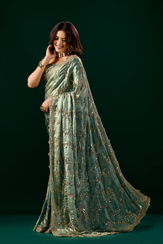 Premium Silk BOTTLE GREEN Saree with Rose Gold Cutdana Work (Nakhrali)