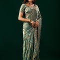 Premium Silk BOTTLE GREEN Saree with Rose Gold Cutdana Work (Nakhrali)