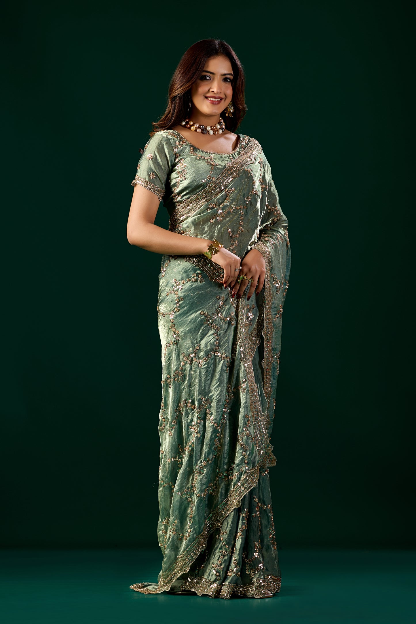 Premium Silk BOTTLE GREEN Saree with Rose Gold Cutdana Work (Nakhrali)