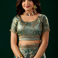 Premium Silk BOTTLE GREEN Saree with Rose Gold Cutdana Work (Nakhrali)