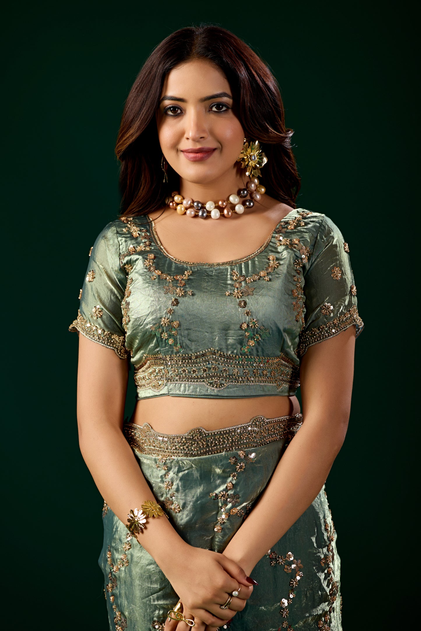 Premium Silk BOTTLE GREEN Saree with Rose Gold Cutdana Work (Nakhrali)