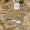 Musted Tissue Saree With Zardosi And Beads Embroidery Work
