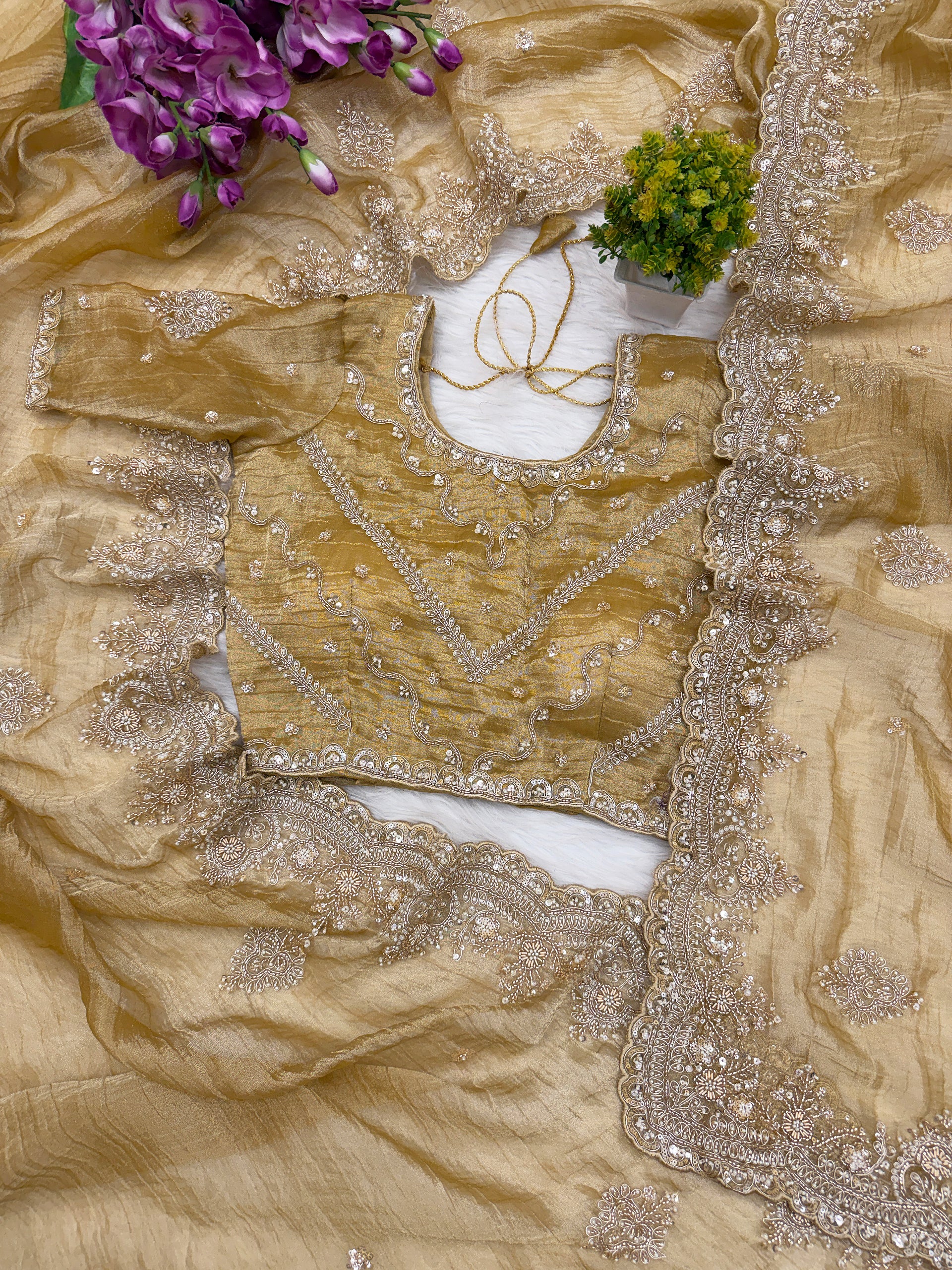 Kanyaari Musted Tissue saree with intricate Zardosi and bead embroidery, showcasing elegant traditional craftsmanship.