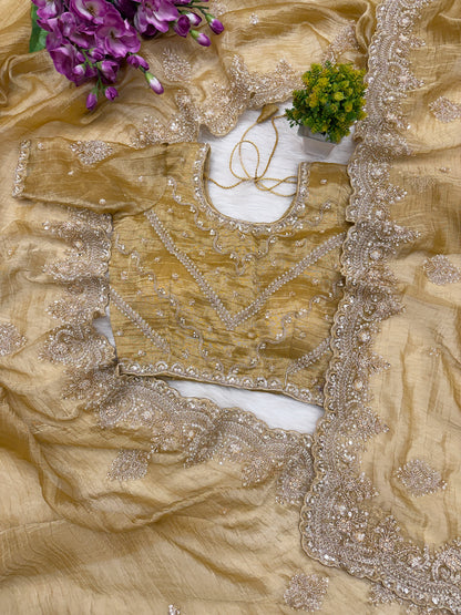 Kanyaari Musted Tissue saree with intricate Zardosi and bead embroidery, showcasing elegant traditional craftsmanship.