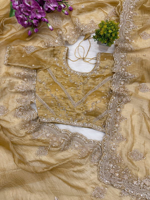 Kanyaari Musted Tissue saree with intricate Zardosi and bead embroidery, showcasing elegant traditional craftsmanship.