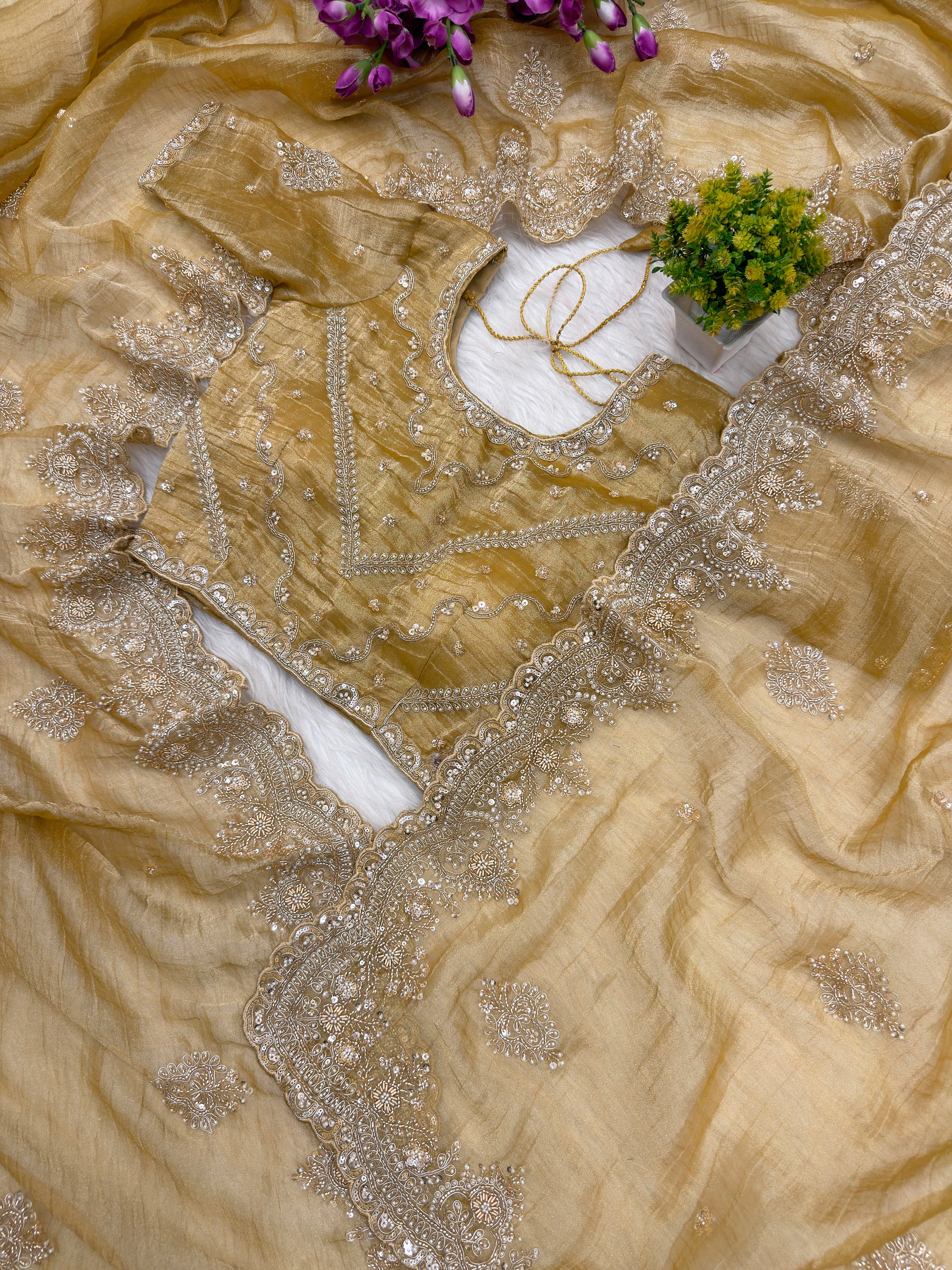 Kanyaari Musted Tissue saree with intricate Zardosi and beads embroidery, showcasing elegant traditional design.