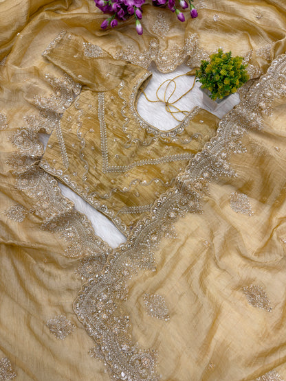 Kanyaari Musted Tissue saree with intricate Zardosi and beads embroidery, showcasing elegant traditional design.