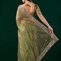 Kundan Premium Silk Green Saree with Rose Gold Cutdana Work