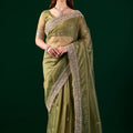 Kundan Premium Silk Green Saree with Rose Gold Cutdana Work