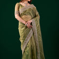 Kundan Premium Silk Green Saree with Rose Gold Cutdana Work