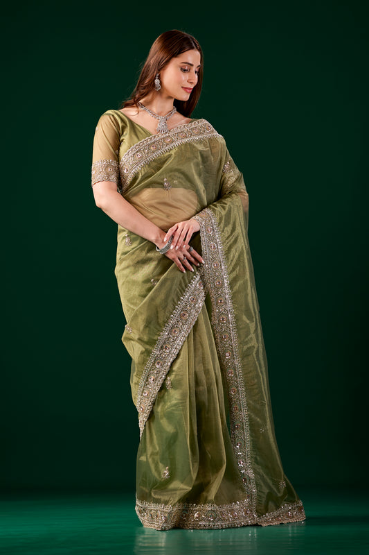 Kundan Premium Silk Green Saree with Rose Gold Cutdana Work