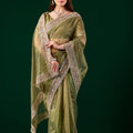 Kundan Premium Silk Green Saree with Rose Gold Cutdana Work