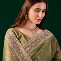 Kundan Premium Silk Green Saree with Rose Gold Cutdana Work