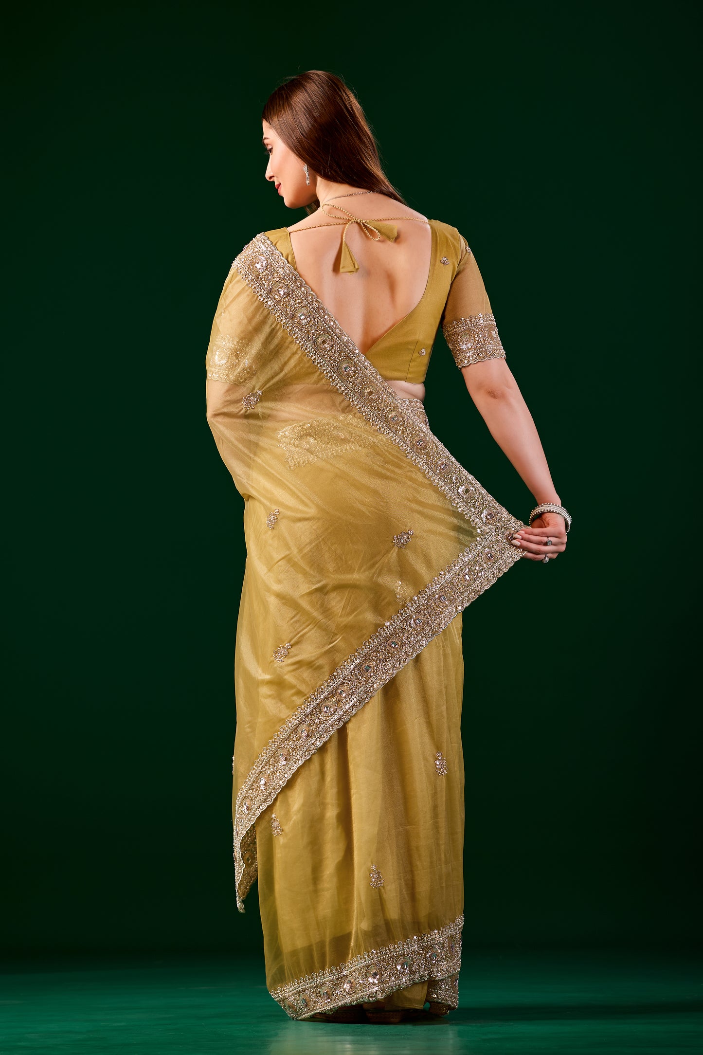 Kundan Premium Silk Yellow Saree with Rose Gold Cutdana Work