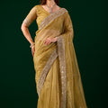 Kundan Premium Silk Yellow Saree with Rose Gold Cutdana Work