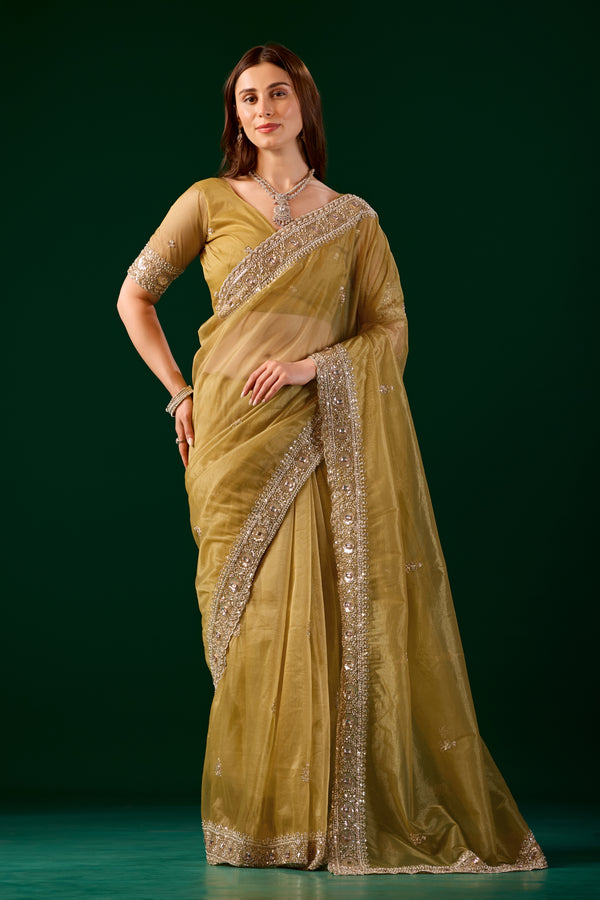 Kanyaari Kundan Premium Silk Yellow Saree with intricate rose gold cutdana work and traditional design.