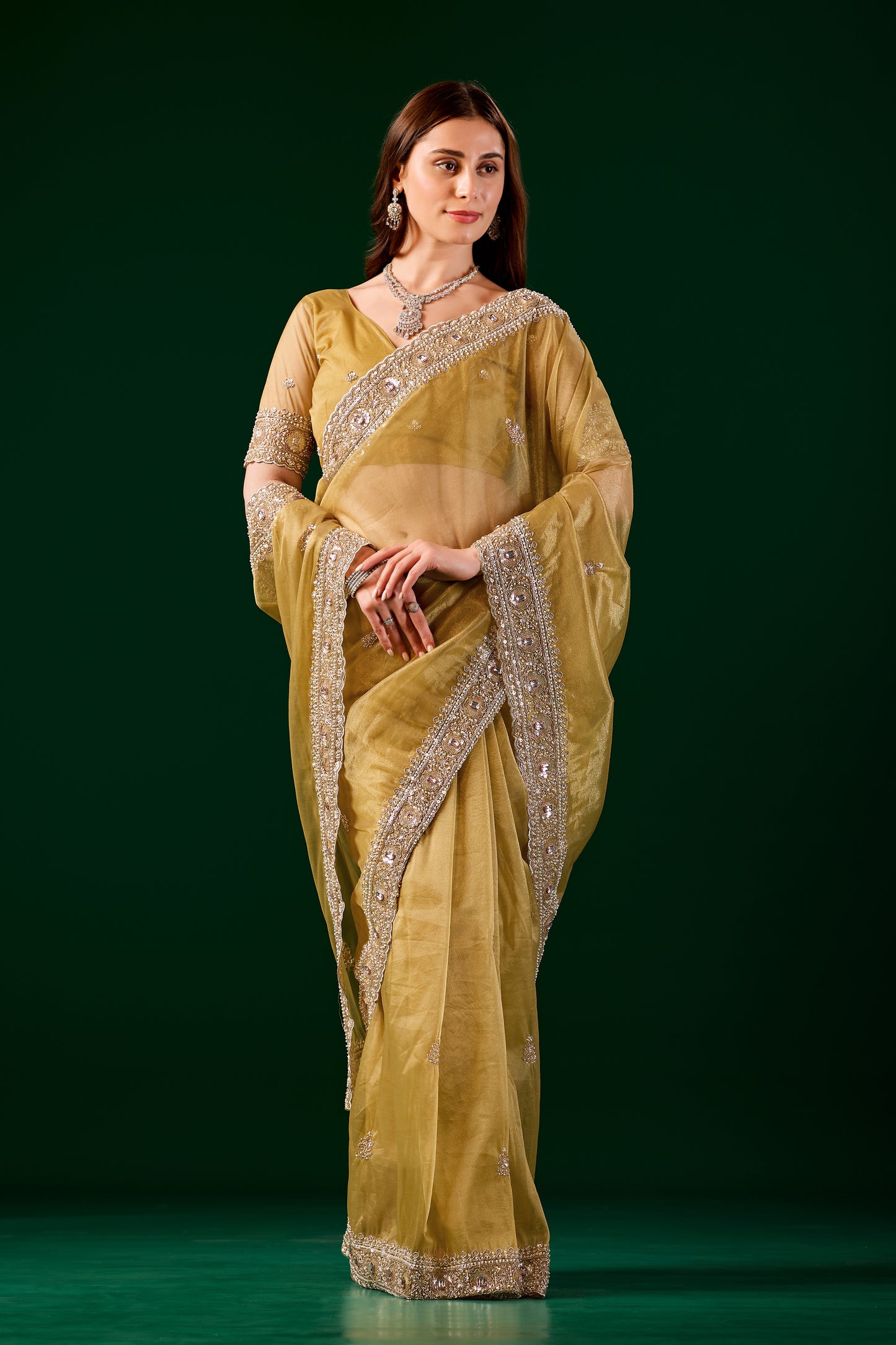 Kundan Premium Silk Yellow Saree with Rose Gold Cutdana Work