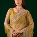 Kundan Premium Silk Yellow Saree with Rose Gold Cutdana Work