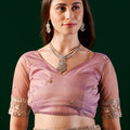 Kundan Premium Silk Pink Saree with Rose Gold Cutdana Work
