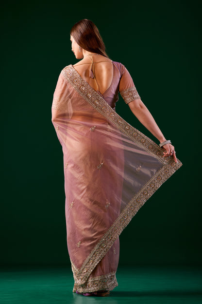 Kanyaari Kundan premium silk pink saree with rose gold cutdana work, intricate embroidery and elegant drape.