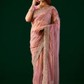 Kundan Premium Silk Pink Saree with Rose Gold Cutdana Work