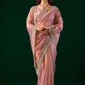 Kundan Premium Silk Pink Saree with Rose Gold Cutdana Work