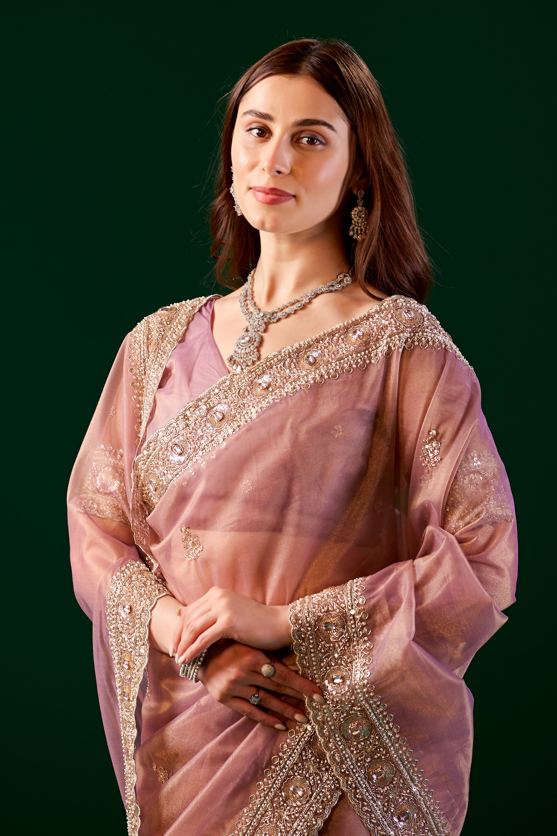 Pink Kundan Premium Silk Saree by Kanyaari with intricate rose gold cutdana work and traditional design.